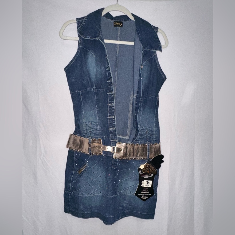 Denim Sleeveless Dress with Metallic Belt